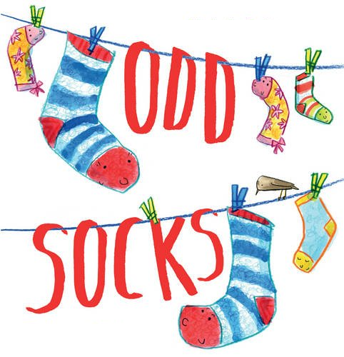 Front cover of Odd Socks, Two striped socks with cheerful little faces hang on a washing line with some other, smaller socks.