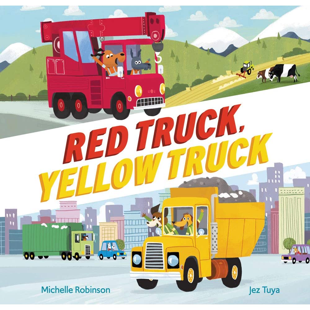 Front cover of Red Lorry Yellow Lorry. A red lorry with a lifting arm is being driven through green countryside by a dog driver. A yellow dump truck full of rubble is being driven by another dog through a city scape.Picture