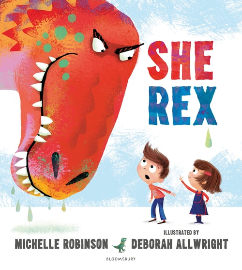 She Rex book cover. A large drooling dinosaur towers over an excited looking young girl and boy. 