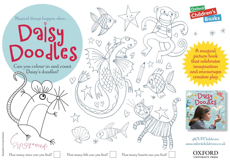 Colouring sheet for Daisy Doodles; it shows a variety of animals including a dragon, cat and mouse
