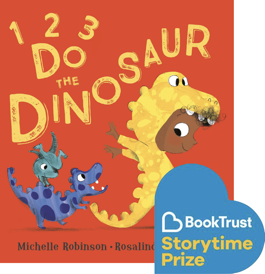 Front cover of 1,2,3 Do the Dinosaur. A young child is wearing a yellow dinosaur onesie and stomping ahead of two cute baby dinosaurs.